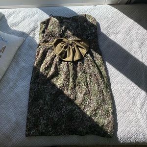 Strapless lace embroidered olive green cocktail dress with bow above knee